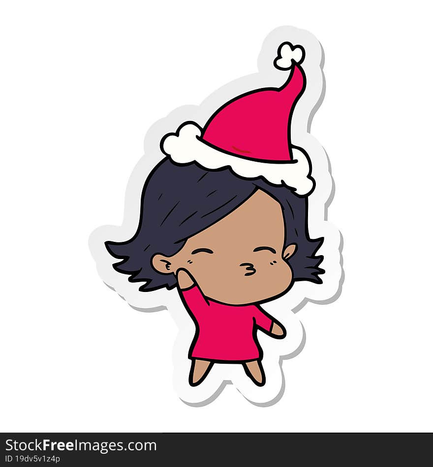 hand drawn sticker cartoon of a woman wearing santa hat