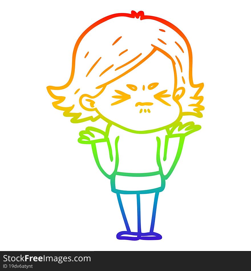 rainbow gradient line drawing of a cartoon angry woman