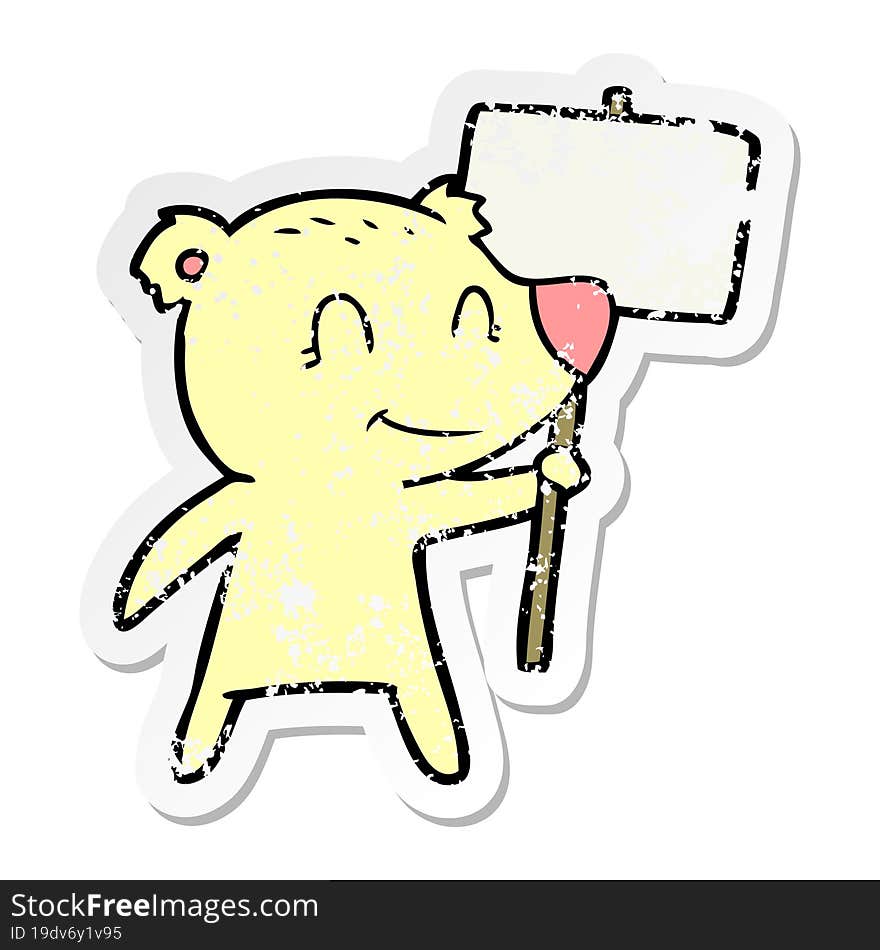 distressed sticker of a cartoon bear holding sign