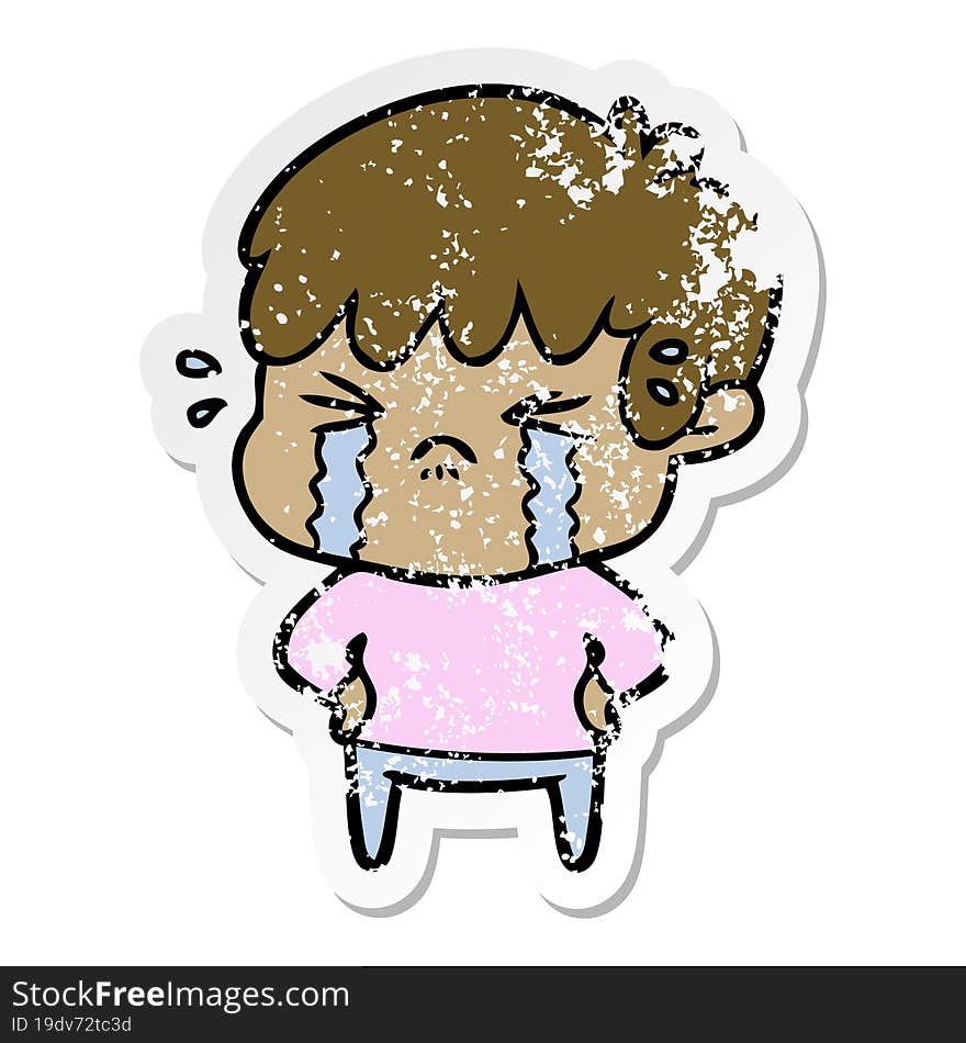 Distressed Sticker Of A Cartoon Boy Crying