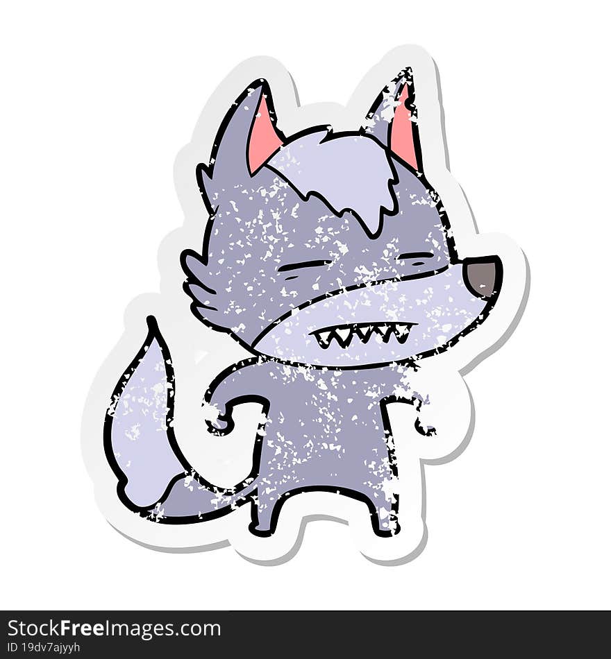 Distressed Sticker Of A Cartoon Wolf Showing Teeth