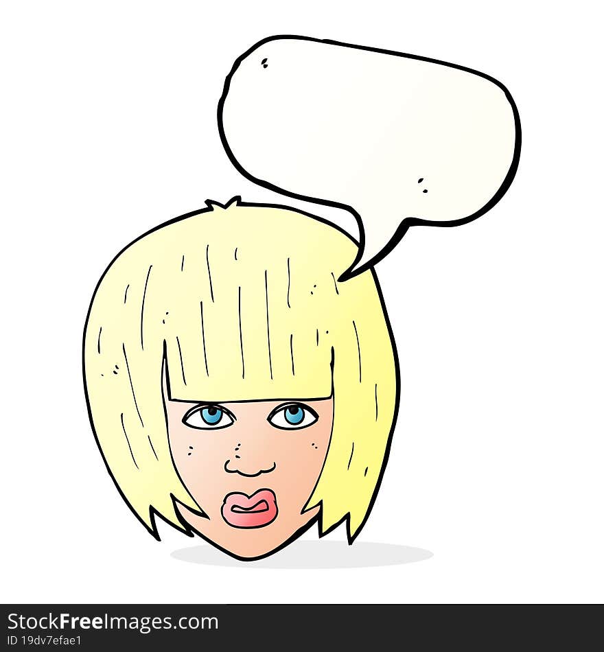 cartoon annoyed girl with big hair with speech bubble