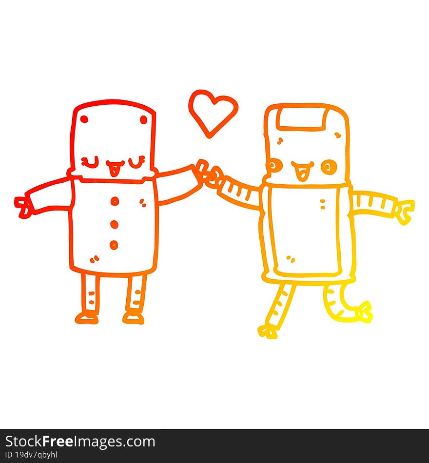 warm gradient line drawing cartoon robots in love