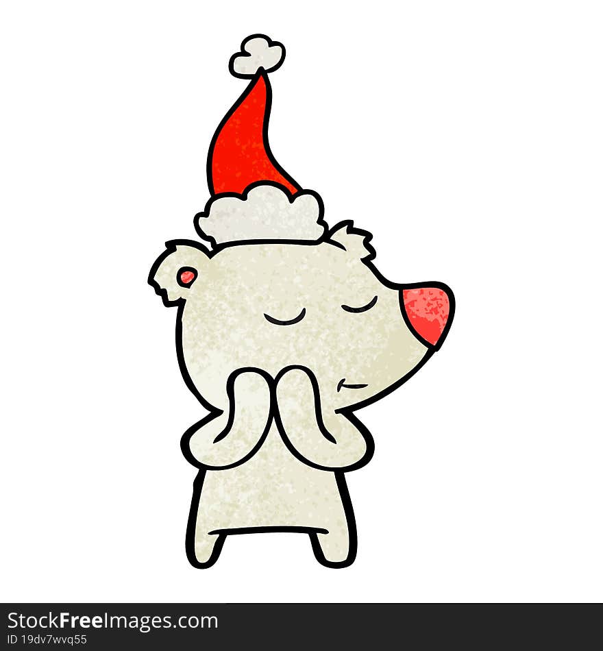 Happy Textured Cartoon Of A Polar Bear Wearing Santa Hat