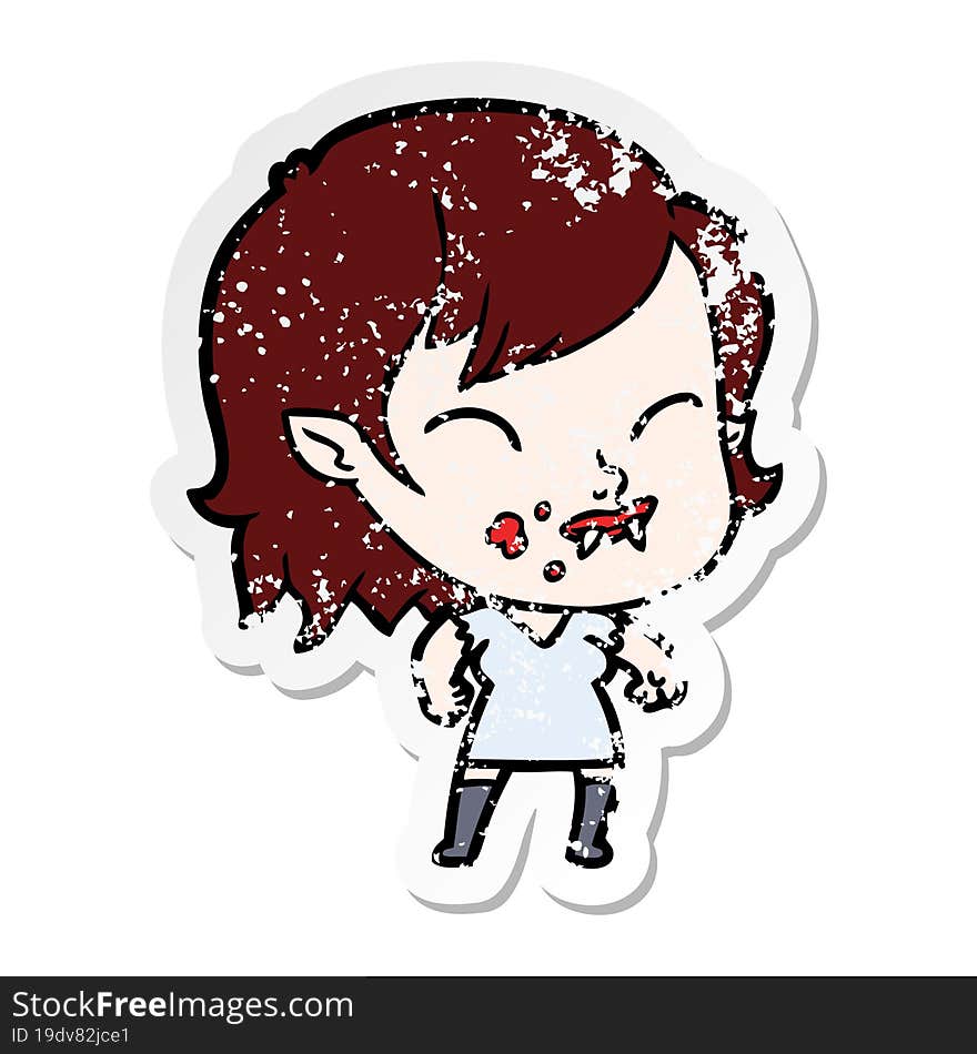 distressed sticker of a cartoon vampire girl with blood on cheek