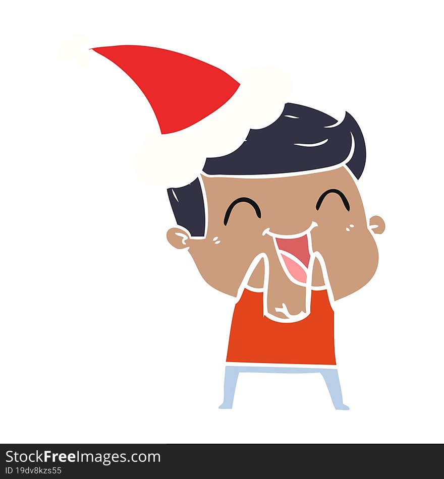 flat color illustration of a man laughing wearing santa hat