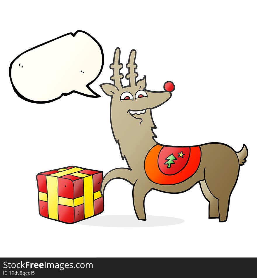 freehand drawn speech bubble cartoon christmas reindeer with present