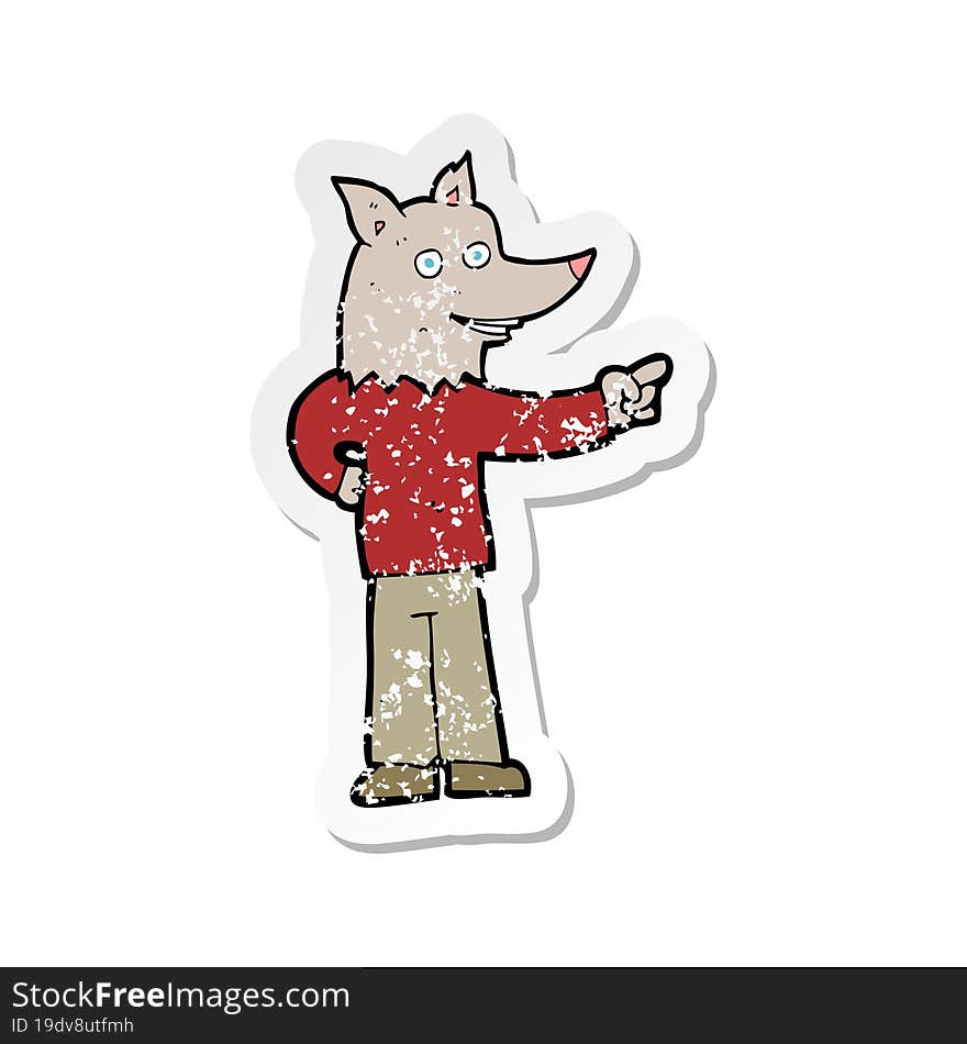 retro distressed sticker of a cartoon wolf man pointing