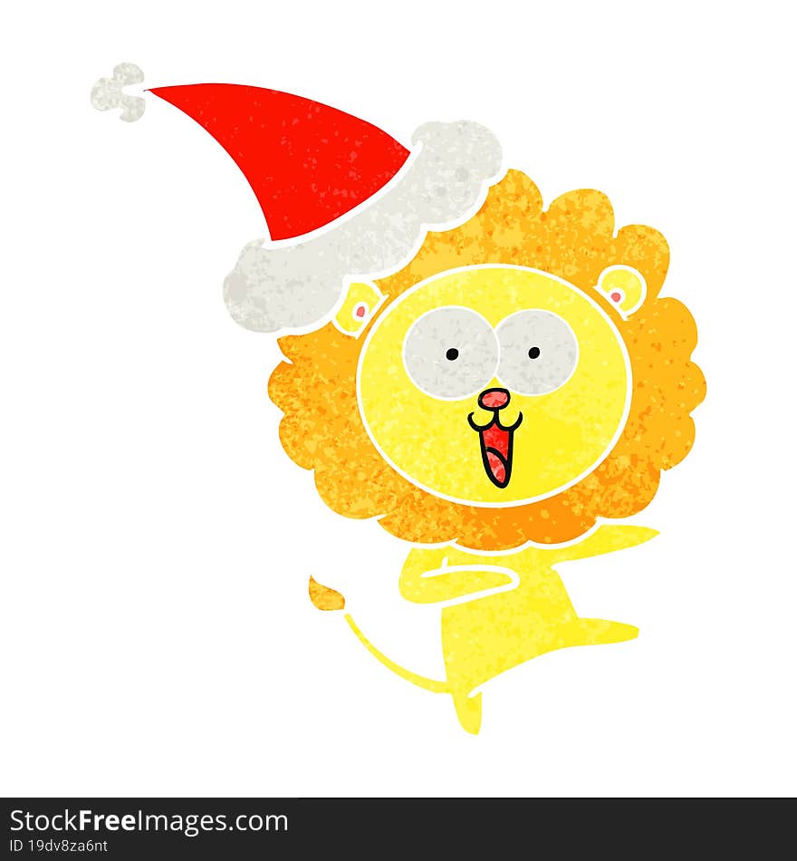 happy retro cartoon of a lion wearing santa hat