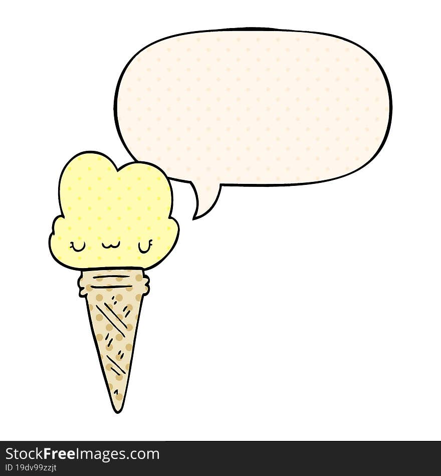 cartoon ice cream and face and speech bubble in comic book style