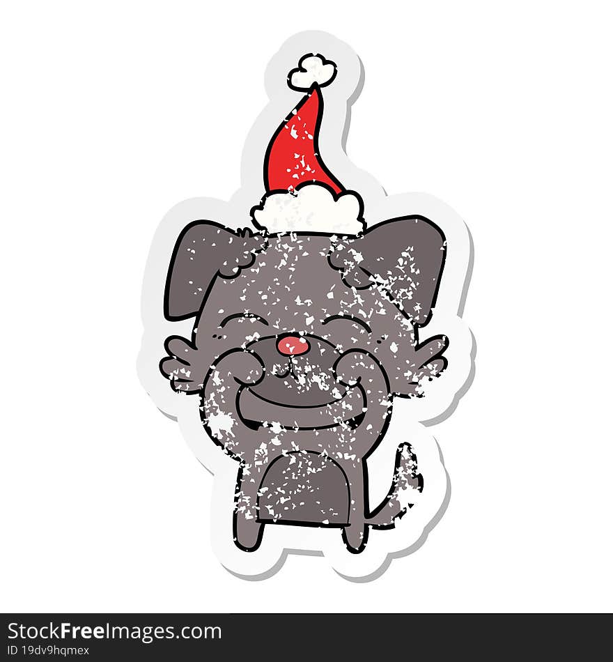 hand drawn distressed sticker cartoon of a dog wearing santa hat