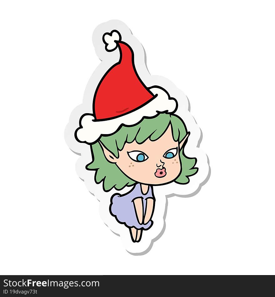 Pretty Sticker Cartoon Of A Elf Girl Wearing Santa Hat