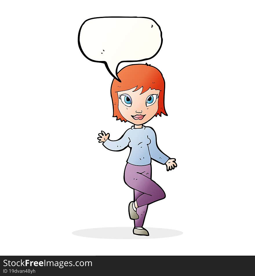 cartoon pretty woman waving with speech bubble