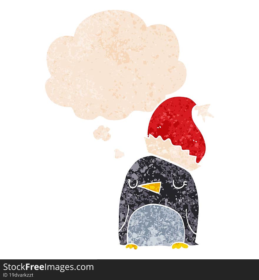 Cute Christmas Penguin And Thought Bubble In Retro Textured Style