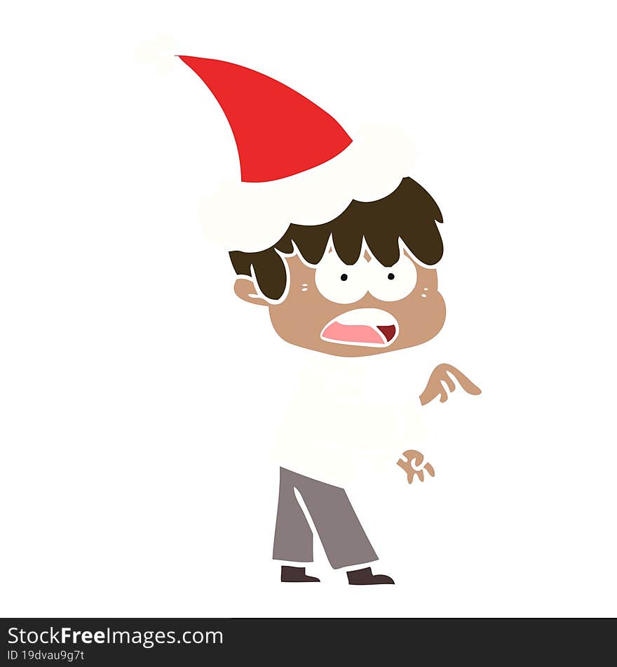 worried flat color illustration of a boy wearing santa hat