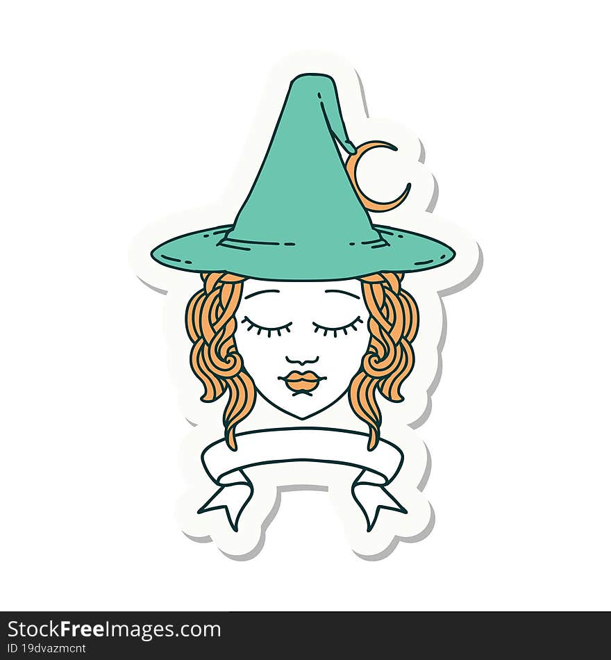 sticker of a human witch character with banner. sticker of a human witch character with banner