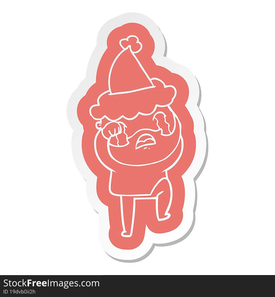 cartoon  sticker of a bearded man crying and stamping foot wearing santa hat