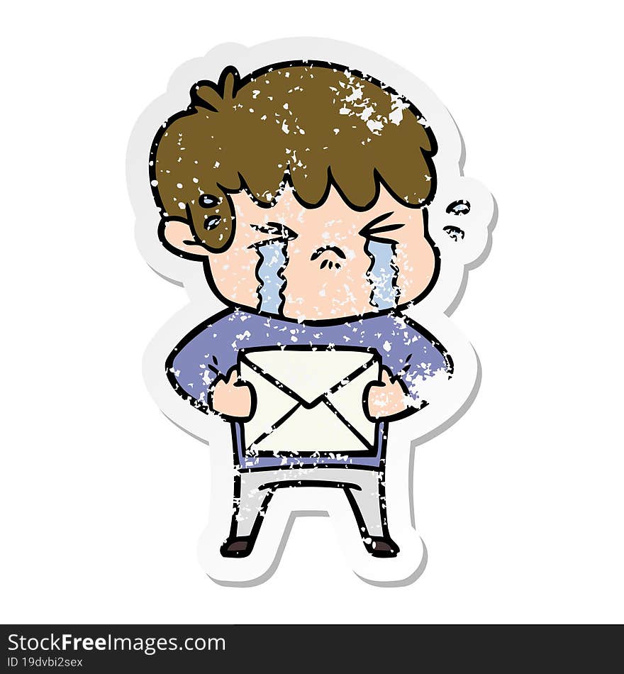 distressed sticker of a cartoon boy crying