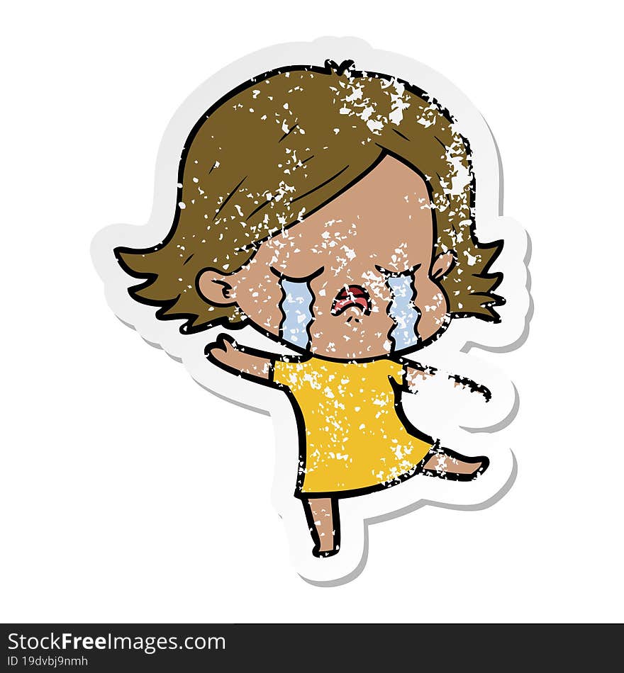 distressed sticker of a cartoon girl crying