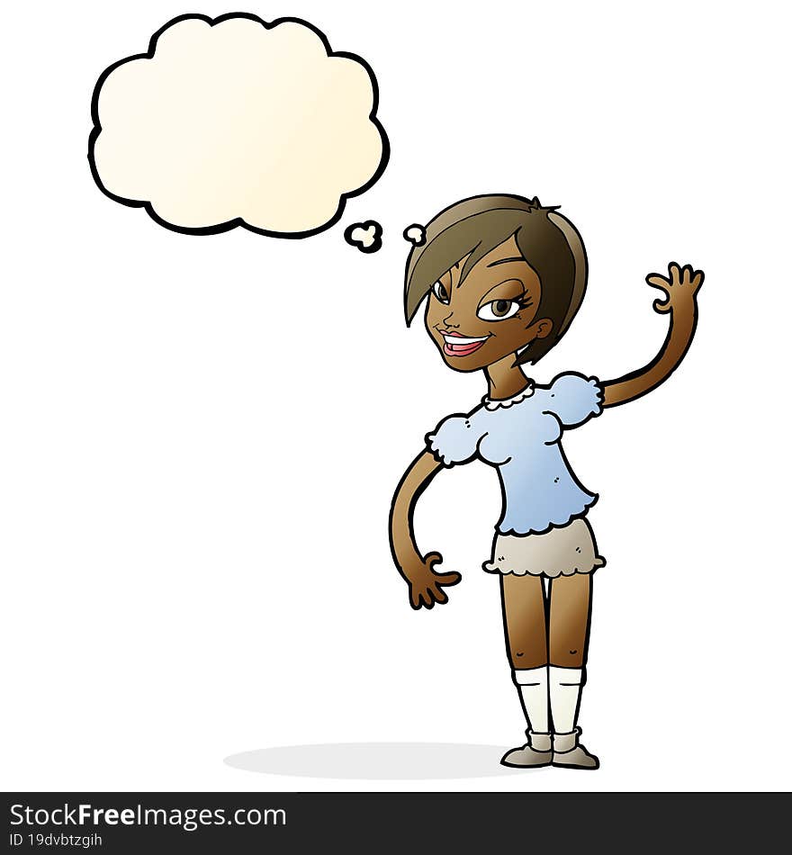 Cartoon Girl Waving With Thought Bubble