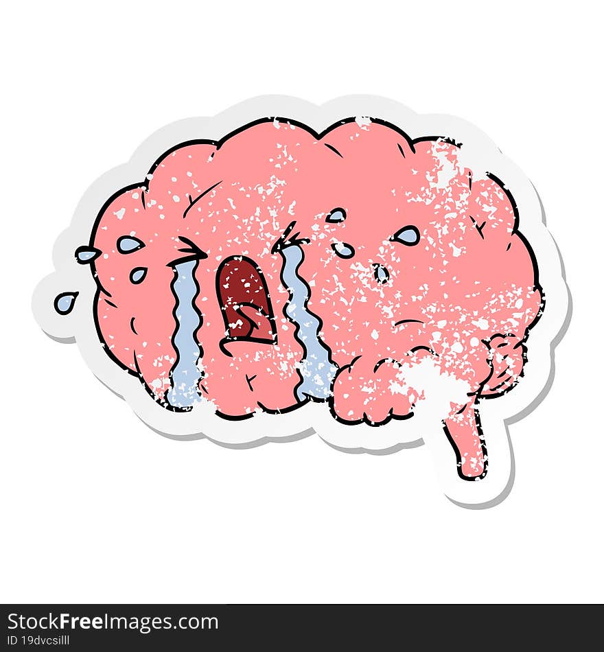 distressed sticker of a cartoon brain crying