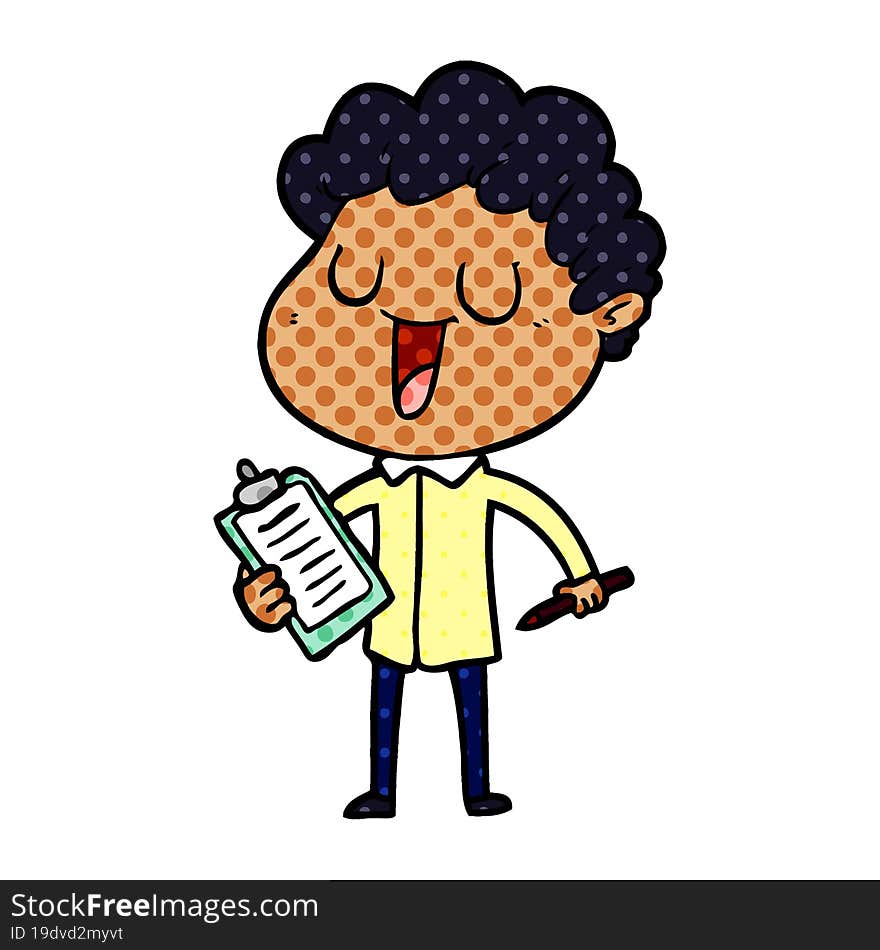 laughing cartoon man with clipboard and pen. laughing cartoon man with clipboard and pen