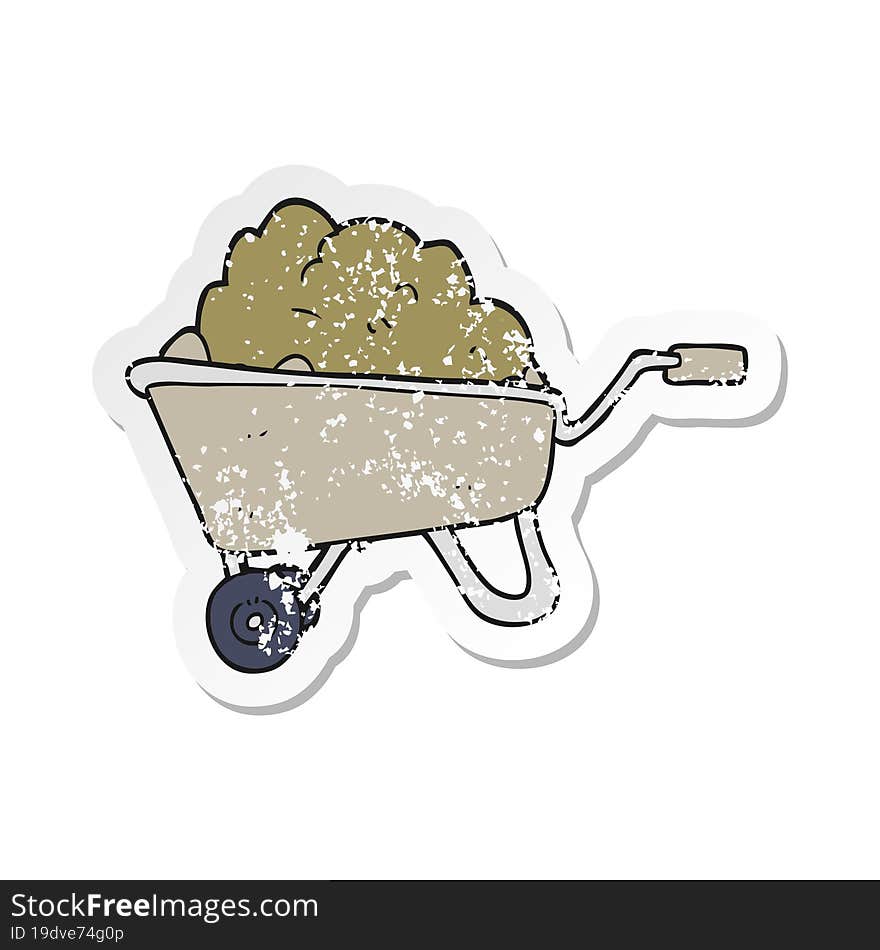 retro distressed sticker of a cartoon wheelbarrow full of dirt