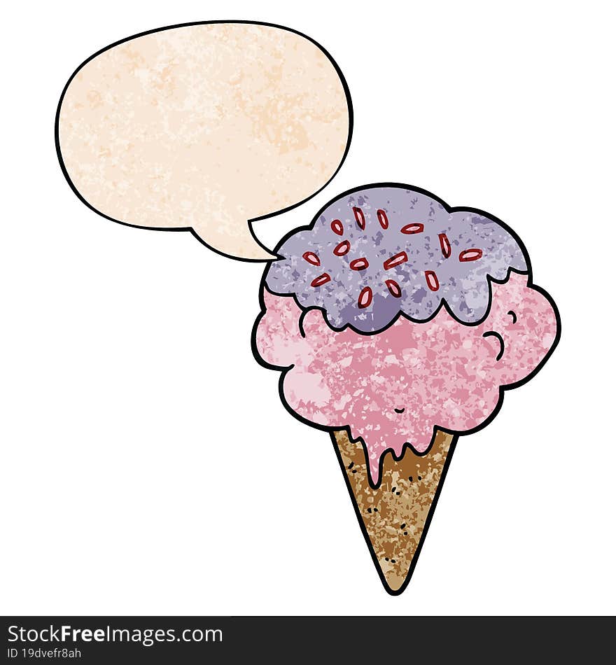 cartoon ice cream and speech bubble in retro texture style