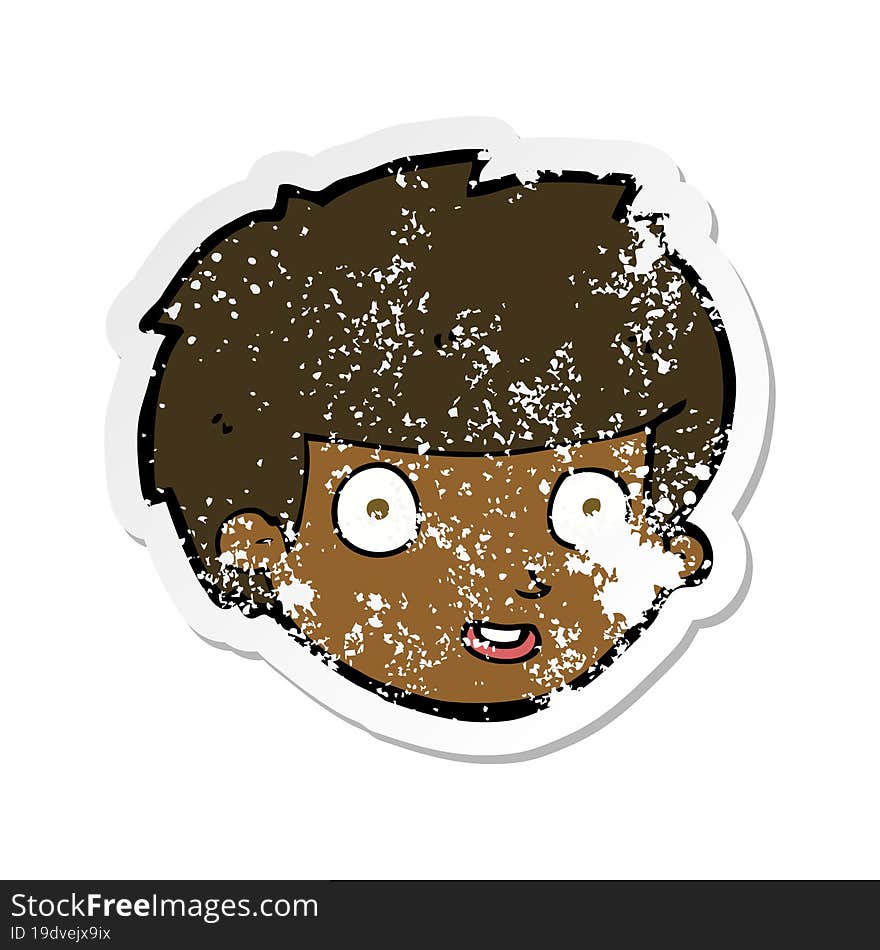 retro distressed sticker of a cartoon happy boys face