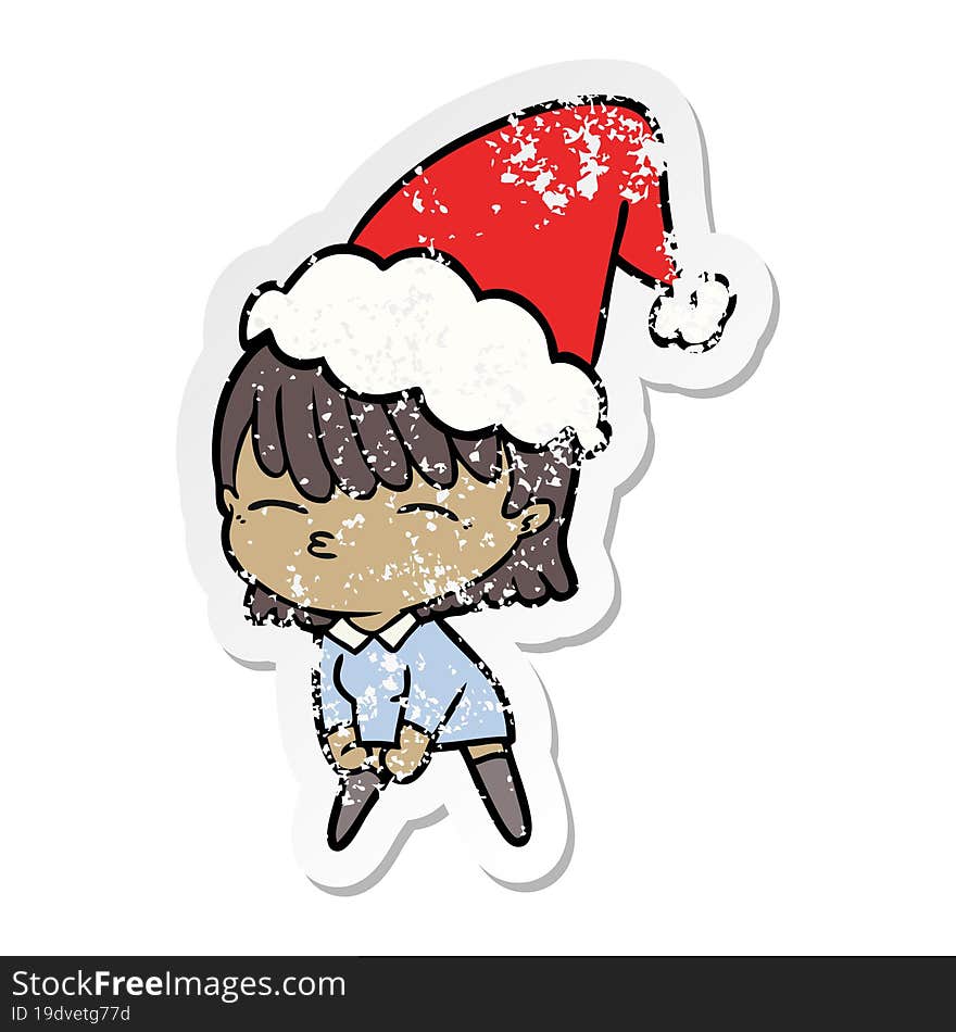 hand drawn distressed sticker cartoon of a woman wearing santa hat