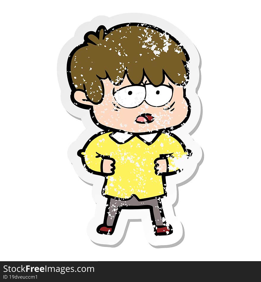 Distressed Sticker Of A Cartoon Exhausted Boy