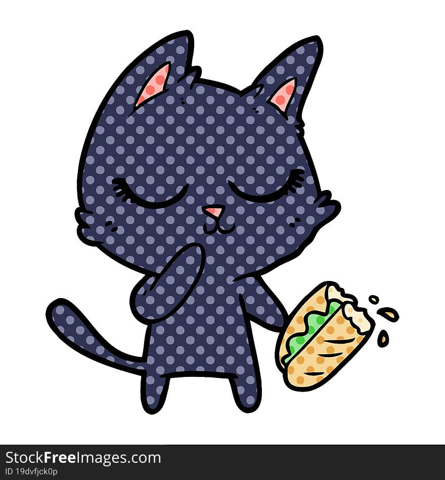 calm cartoon cat considering sharing a baguette. calm cartoon cat considering sharing a baguette