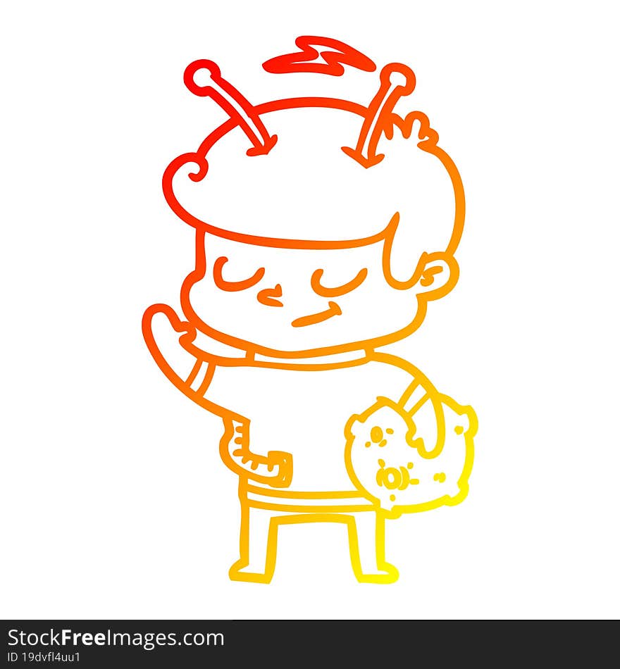 warm gradient line drawing friendly cartoon spaceman holding meteor