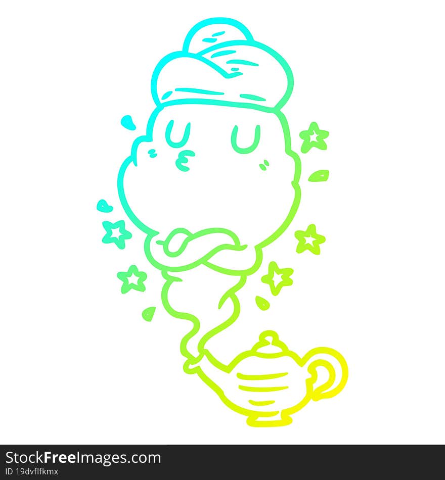 cold gradient line drawing of a cute genie rising out of lamp