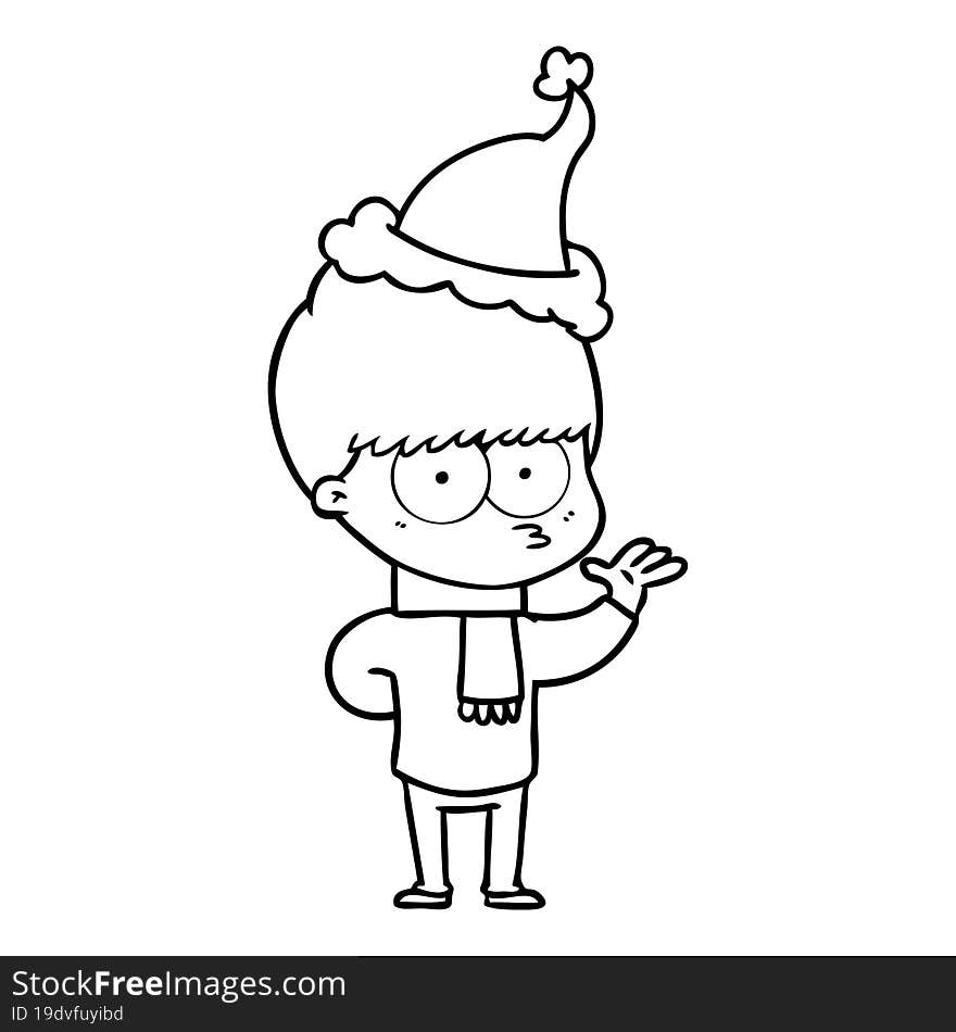 nervous line drawing of a boy wearing santa hat