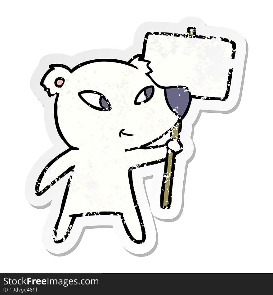 distressed sticker of a cute cartoon polar bear with protest sign