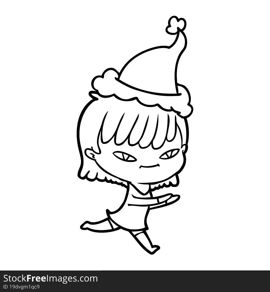 hand drawn line drawing of a woman wearing santa hat