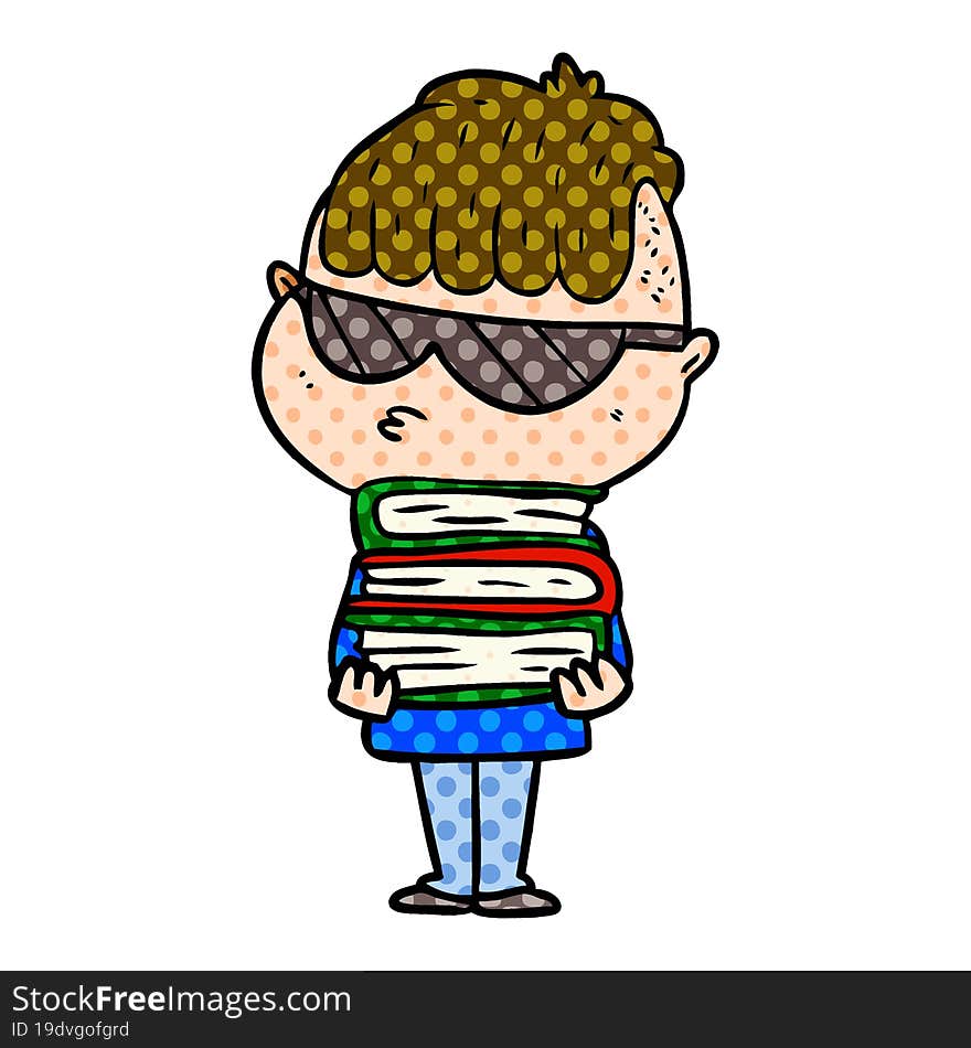 cartoon boy wearing sunglasses with stack of books. cartoon boy wearing sunglasses with stack of books