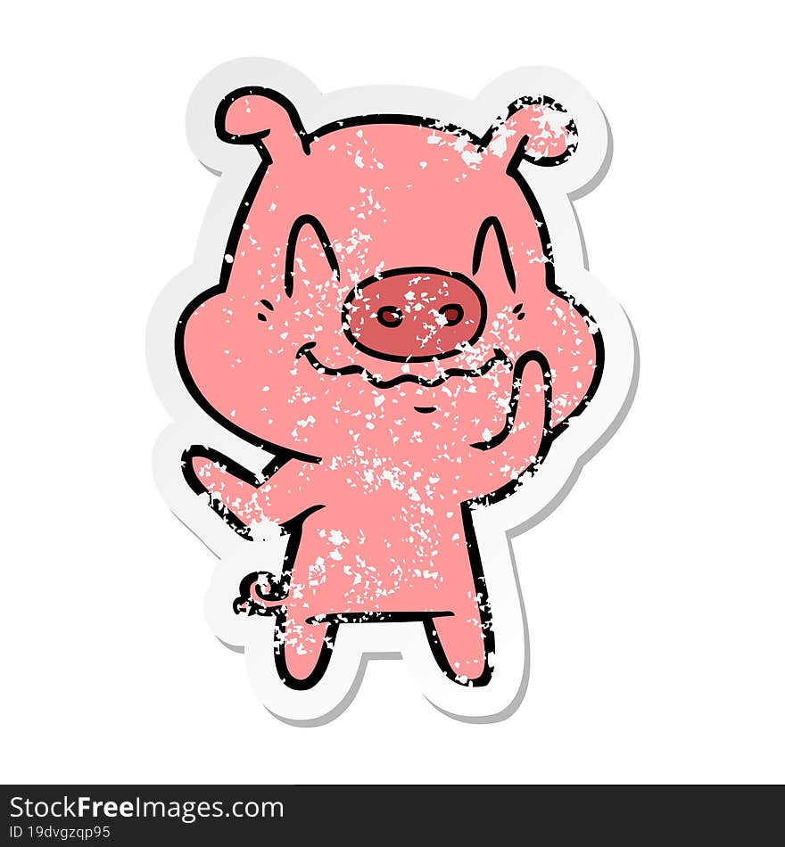 Distressed Sticker Of A Nervous Cartoon Pig