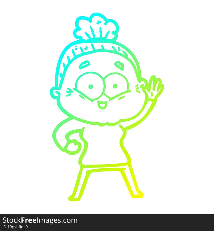 Cold Gradient Line Drawing Cartoon Happy Old Woman