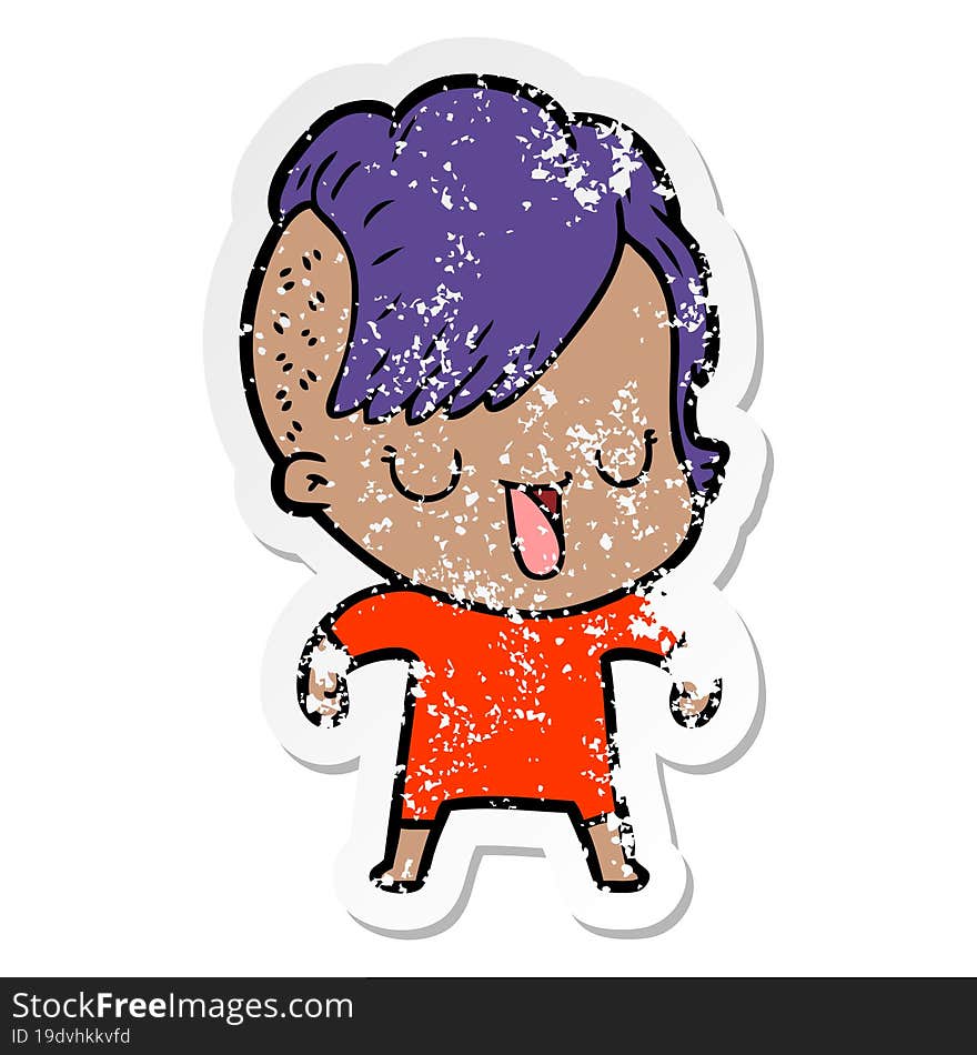 Distressed Sticker Of A Cute Cartoon Girl With Hipster Haircut