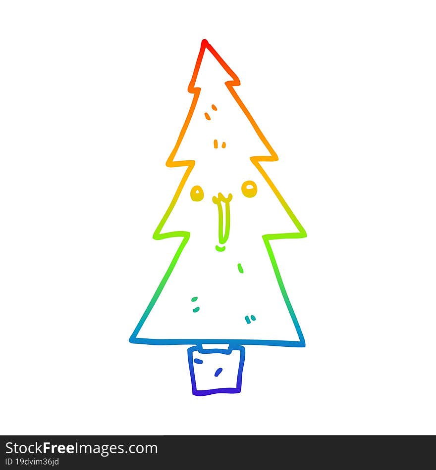 rainbow gradient line drawing of a cartoon christmas tree