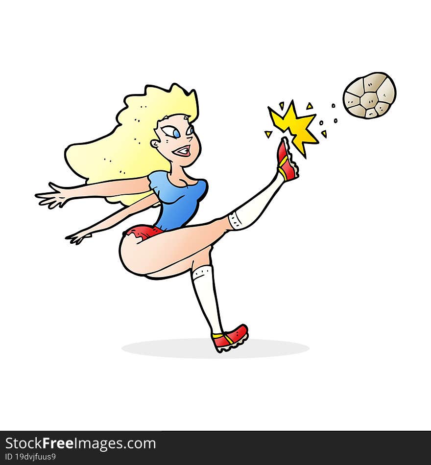 cartoon female soccer player kicking ball