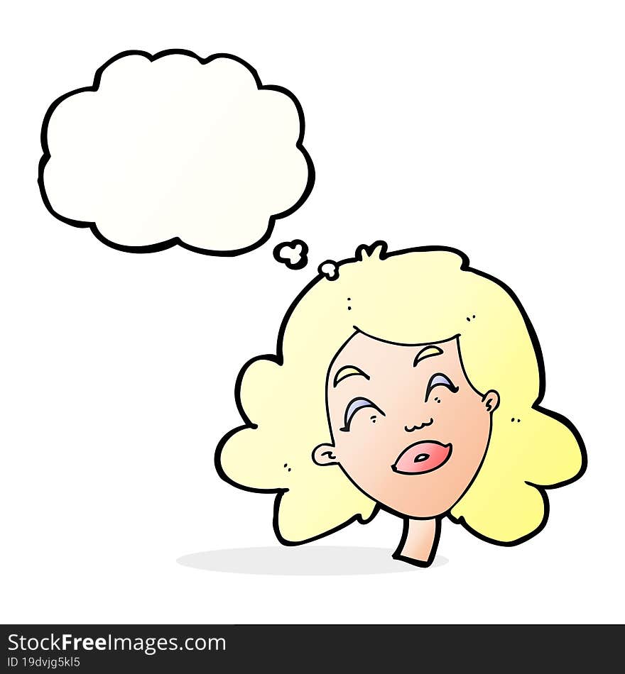 cartoon happy female face with thought bubble