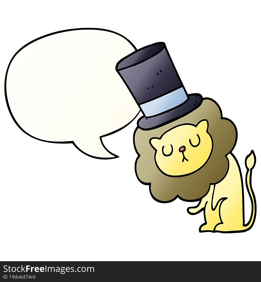 cute cartoon lion wearing top hat and speech bubble in smooth gradient style