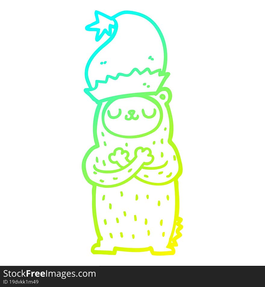 cold gradient line drawing of a cartoon bear wearing christmas hat