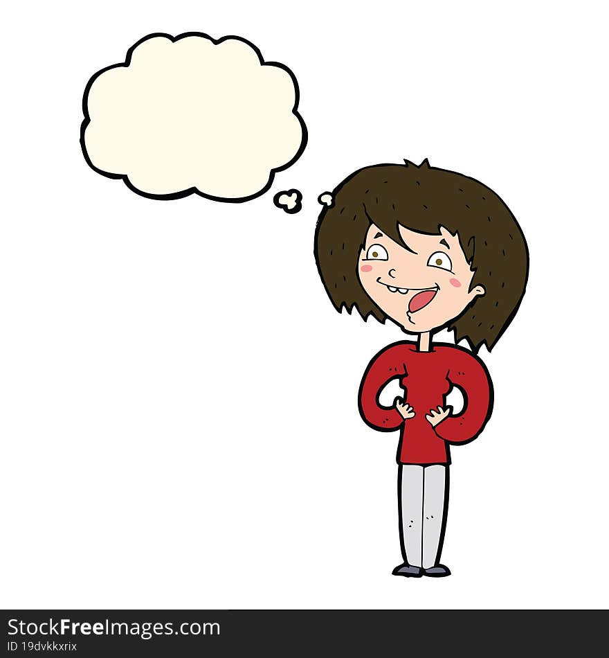 cartoon excited woman with thought bubble