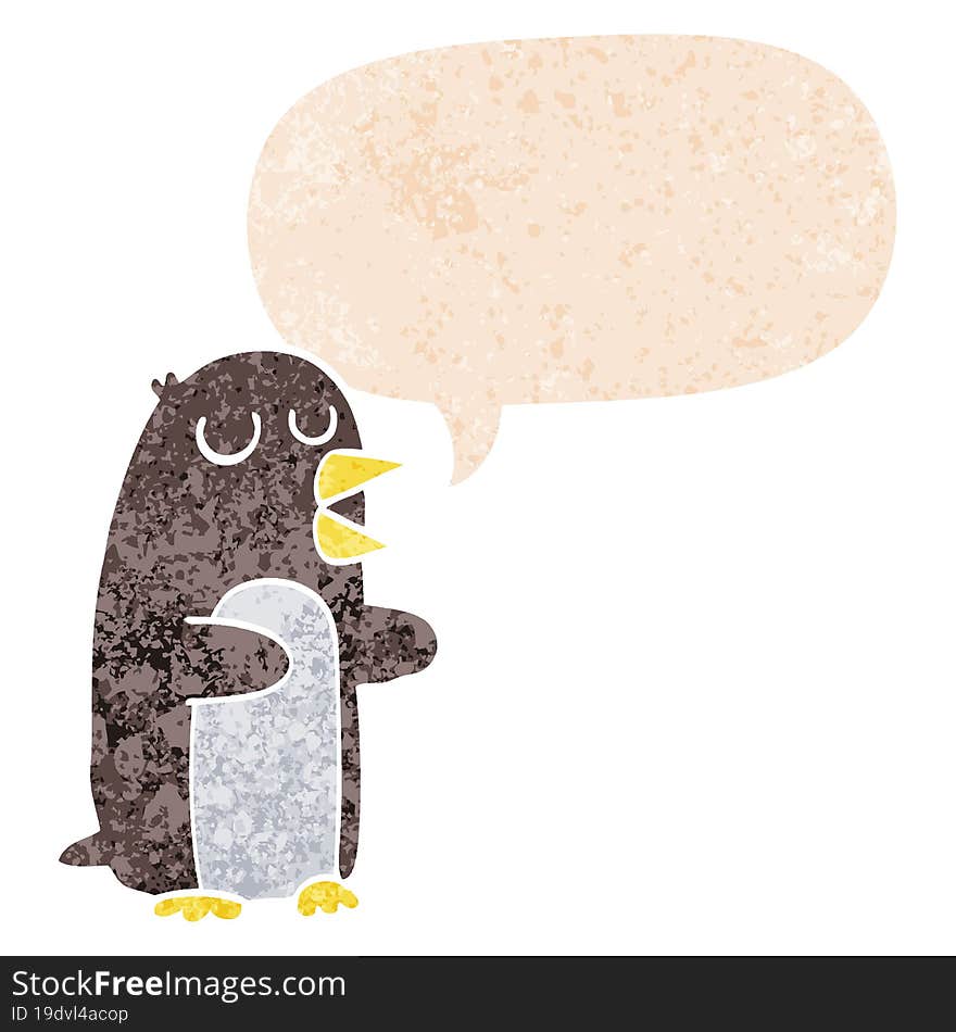 cartoon penguin and speech bubble in retro textured style