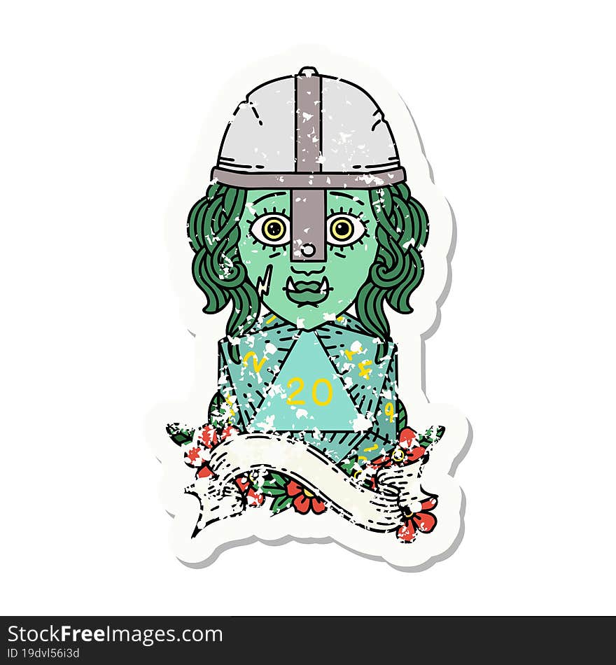 half orc fighter with natural 20 dice roll grunge sticker