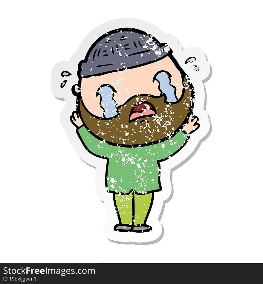 distressed sticker of a cartoon bearded man crying